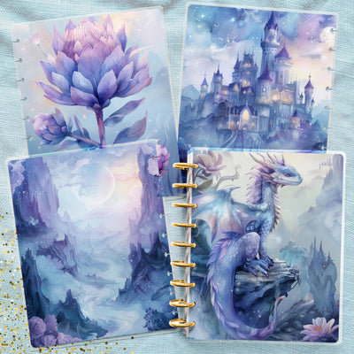 Mystic Dragon Classic Disc Bound Cover, Happy Planner, Laminate Printed Front Back Set, Journal Accessory, Fantasy Blue Notebook Cover Set
