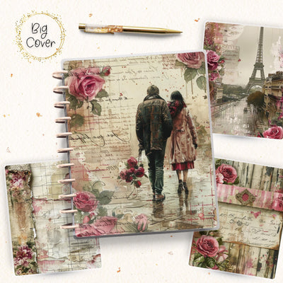 Bonjour Paris Journal Disc Bound Cover, Big Happy Planner, Laminated Printed Front Back Set Journal Accessory, Vintage Notepad Cover Set