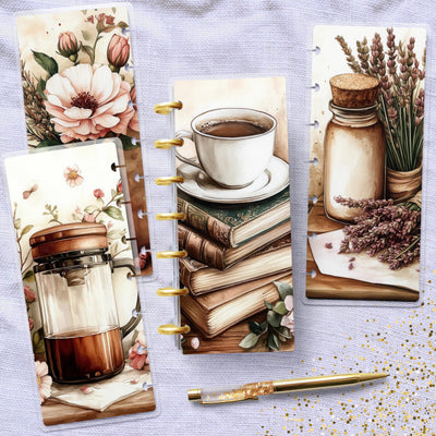 Coffee Time Disc Bound Cover, Skinny Mini Happy Planner Cover, Laminated Cover Bundle, Planner Supplies Accessory, Stationary Design, Beige