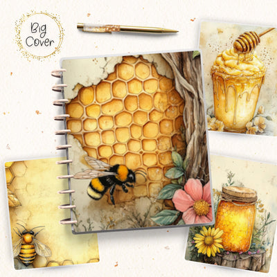 Honeybee Journal Disc Bound Cover, Big Happy Planner, Laminated Printed Front Back Set, Journal Accessory, Honeycomb Notepad Cover Bundle