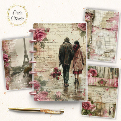 Paris Couple Mini Disc Bound Cover, Mini Happy Planner, Laminated Printed Front Back Set Journal Accessory, Love Pink Journal Cover Bundle