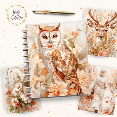 Boho Owl Journal Skinny Classic Disc Bound Cover, Happy Planner, Laminated Printed Front Back Set, Journal Accessory, Orange Notepad Cover