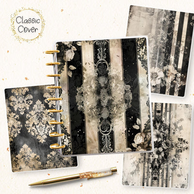 Black White Classic Disc Bound Cover, Happy Planner, Laminate Printed Front Back Set, Journal Accessory, Elegant Pattern Notebook Cover Set