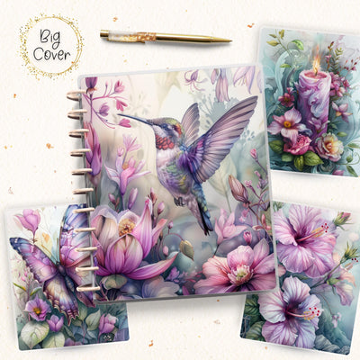 Purple Hummingbird Journal Disc Bound Cover, Big Happy Planner, Laminated Printed Front Back Set Journal Accessory, Floral Notepad Cover Set
