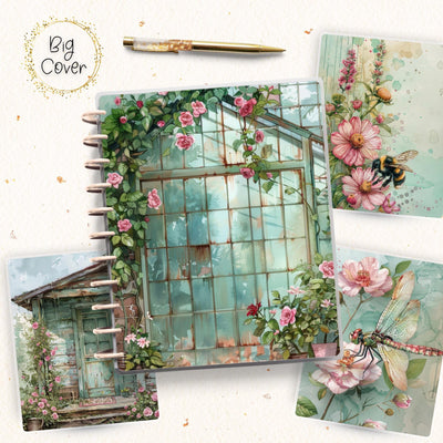Garden House Journal Disc Bound Cover, Big Happy Planner, Laminated Printed Front Back Set Journal Accessory, Greenhouse Notepad Cover Set