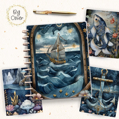 Ocean Travel Journal Disc Bound Cover, Big Happy Planner, Laminated Printed Front Back Set Journal Accessory, Sea Ship Notepad Cover Set