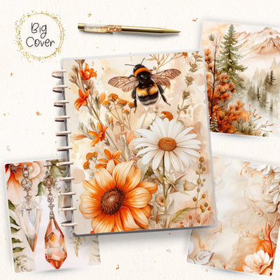 Orange Bee Journal Disc Bound Cover, Big Happy Planner, Laminated Printed Front Back Set Journal Accessory, Spring Nature Notepad Cover Set