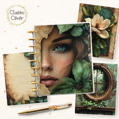 Dark Green Classic Disc Bound Cover, Happy Planner, Laminate Printed Front Back Set, Journal Accessory, Floral Fauna Notebook Cover Set