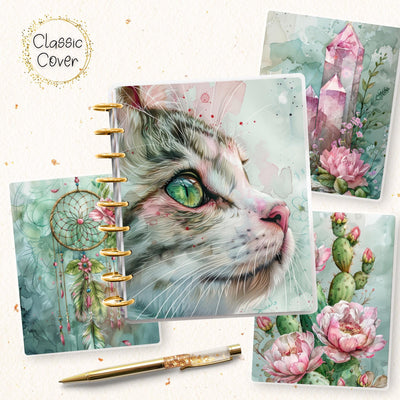 Green Pink Cat Disc Bound Cover, Classic Happy Planner, Laminated Printed Front Back Set, Notebook Accessory, Planner Supplies, Gift for Her