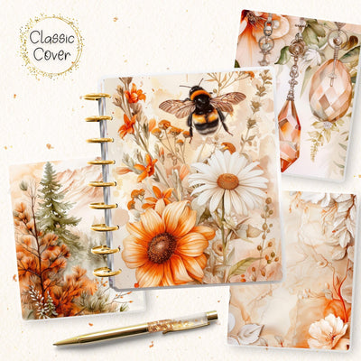 Soft Orange Notebook Classic Disc Bound Cover, Happy Planner, Laminated Printed Front Back Set, Journal Accessory, Bees Notepad Cover Set