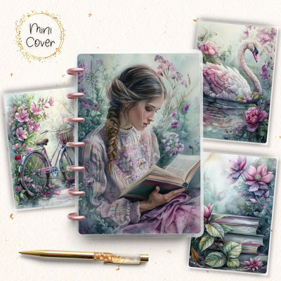 Book Lover Mini Disc Bound Cover, Mini Happy Planner, Laminated Printed Front Back Set Journal Accessory, Pink Spring Journal Cover Bundle