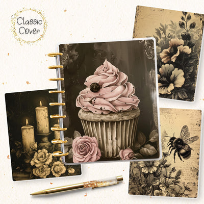 Inked Cupcake Disc Bound Cover, Classic Happy Planner, Laminated Printed Front Back Set, Notebook Accessory, Faded Grey Notebook Cover Gift