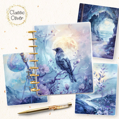 Fairytale Crow Notebook Classic Disc Bound Cover, Happy Planner, Laminated Printed Front Back Set, Journal Accessory, Blue Notepad Cover Set