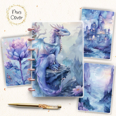 Fairy Dragon Mini Disc Bound Cover, Mini Happy Planner, Laminated Printed Front Back Set Notes Accessory, Blue Fantasy Journal Cover Bundle