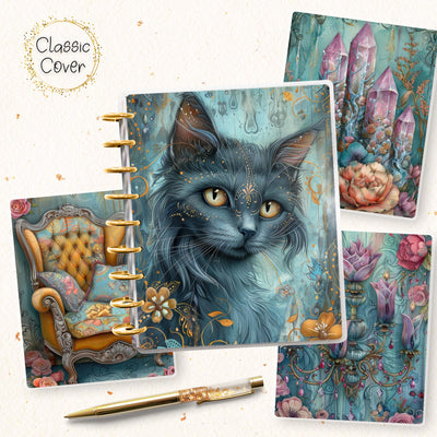 Midnight Cat Classic Disc Bound Cover, Happy Planner, Laminate Printed Front Back Set, Journal Accessory, Mystical Blue Notebook Cover Set