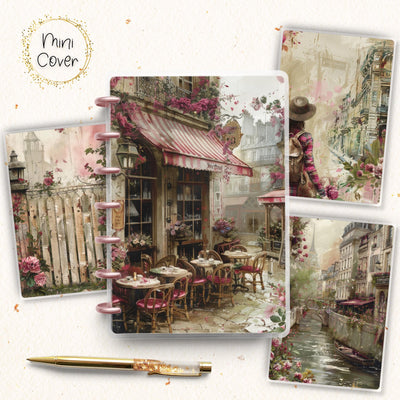 Vintage City Mini Disc Bound Cover, Mini Happy Planner, Laminated Printed Front Back Set Notes Accessory, Cafe Bistro Journal Cover Bundle