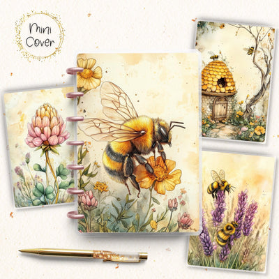 Bees Honey Mini Disc Bound Cover, Mini Happy Planner, Laminated Printed Front Back Set Journal Accessory, Yellow Nature Journal Cover Bundle
