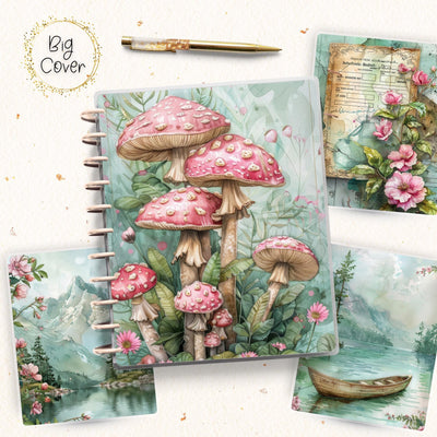 Mushroom Fauna Journal Disc Bound Cover, Big Happy Planner, Laminated Printed Front Back Set Journal Accessory, Green Notepad Cover Set