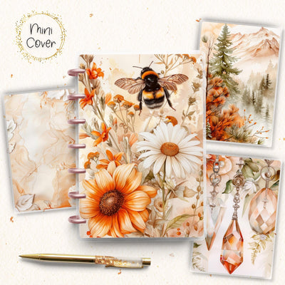Soft Orange Bee Mini Disc Bound Cover, Mini Happy Planner, Laminated Printed Front Back Set Journal Accessory, Journal Cover Bundle Set