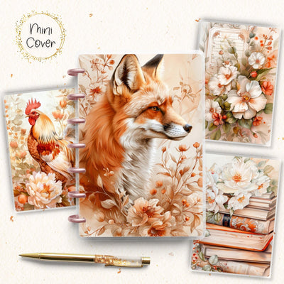 Orange Shades Mini Disc Bound Cover, Mini Happy Planner, Laminated Printed Front Back Set Journal Accessory, Fox Floral Journal Cover Bundle