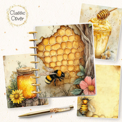Queen Bee Classic Disc Bound Cover, Happy Planner, Laminate Printed Front Back Set, Journal Accessory, Honey Comb Hive Notebook Cover Set