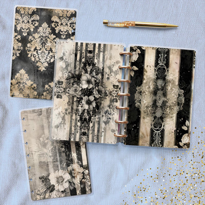 Black Elegant Notebook Mini Disc Bound Cover, Mini Happy Planner, Laminated Printed Front Back Set, Journal Accessory, Damask Notepad Cover