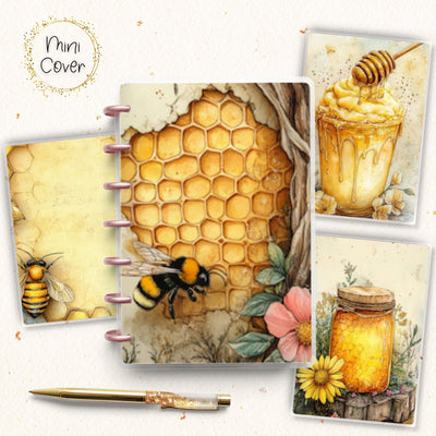 Honeycomb Mini Disc Bound Cover, Mini Happy Planner, Laminated Printed Front Back Set Journal Accessory, Yellow Bees Journal Cover Bundle