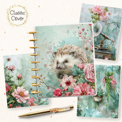 Garden Hedgehog Disc Bound Cover, Classic Happy Planner, Laminate Printed Front Back Set, Notebook Accessory, Planner Supplies, Gift for Her