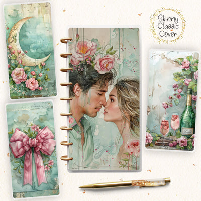 Green Romantic Skinny Classic Happy Planner Cover, Laminated Printed Front Back Set, Disc Bound Cover Journal Accessory, Binder Cover Set