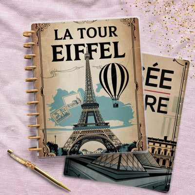 Paris Poster Journal Disc Bound Cover, Big Happy Planner, Laminated Printed Cover Set, Journal Accessory, Planner Supply, Notepad Cover Gift