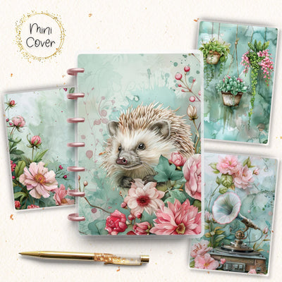 Garden Animal Mini Disc Bound Cover, Mini Happy Planner, Laminated Printed Front Back Set Note Accessory, Notebook Cover Bundle Set Hedgehog