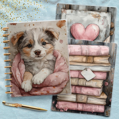 Puppy Pink Love Big Happy Planner Cover, Laminated Cover Bundle Set, Journal Accessory, Classic Planner Supply Insert, TUL Protective Cover