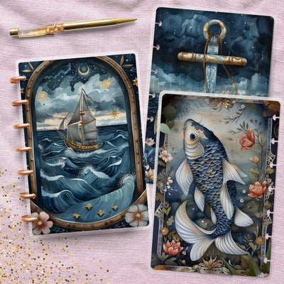 Oceanic Blue Mini Disc Bound Cover, Mini Happy Planner, Laminated Printed Front Back Set Journal Accessory, Nautical Journal Cover Bundle