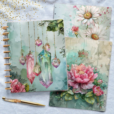 Green Crystal Journal Skinny Classic Disc Bound Cover, Happy Planner, Laminate Print Front Back Set Accessory, Notebook Bundle, Teacher Gift