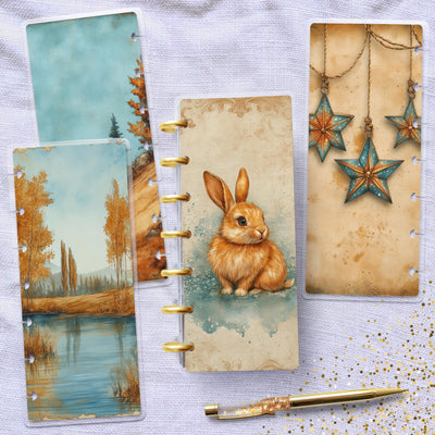 Vintage Teal Bunny Disc Bound Cover, Skinny Mini Happy Planner, Laminated Protector Set, Planner Supply Accessory Stationary, Gift for Her