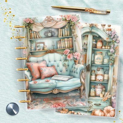 Cozy Cottage TUL Junior Cover, Planner Bundle Set, Laminated Design, 8 Disc Planner Supplies, Ring Journal Insert Accessory, Gift for Her