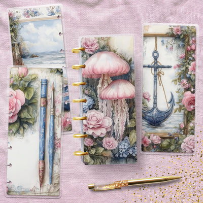 Shabby Sea Decor Disc Bound Cover, Skinny Mini Happy Planner, Laminated Protector Set, Planner Supply Accessory Stationary, Gift for Her