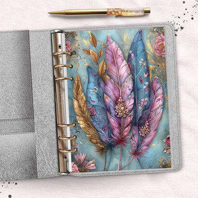 Boho Pink Feather A5 Ring Planner Dashboard, Laminated Cover Insert, Journal Accessory, Planner Supply, Functional Ring Binder Notebook Gift