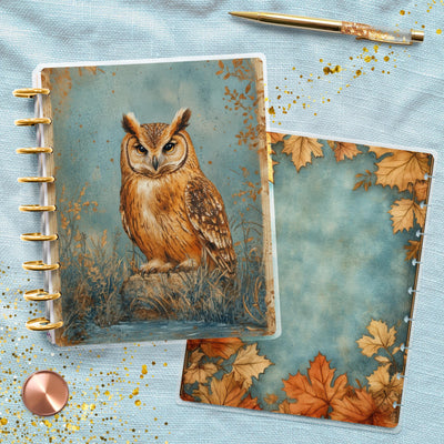 Teal Gold Autumn Owl Disc Bound Cover, Classic Happy Planner Set, Laminated Cover Design, Planner Supply, Journal Accessory, Gift for Her