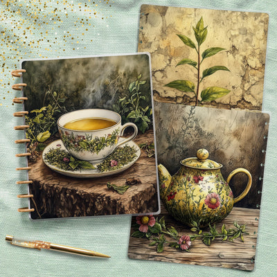 Earthen Tea Secret Planner Cover, Front Back Design, Classic Mini Big Happy Planner, Laminated Cover Sheet, Junk Journal, Disc Bound Journal