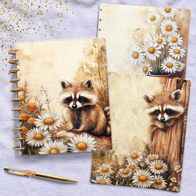Racoon Daisies Planner Cover, Front Back Design, Classic Mini Big Happy Planner, Laminated Cover Sheet, Junk Journal, Disc Bound Notebook