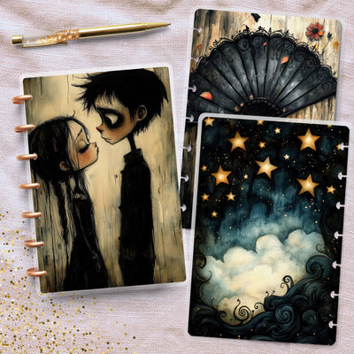 Spooky Love Story Disc Bound Cover, Mini Happy Planner, Laminated Printed Bundle, TUL Planner Accessory, Journal Supply Bundle, Gift for Her