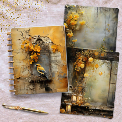 Yellow Autumn Big Happy Planner Cover, Vintage Journal Accessory, Disc Bound Notebook, TUL Junior Insert, EC Spiral Planner, Gift for Mom
